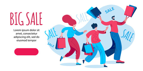 Naklejka premium Characters coming with packages from stores. People shopping at the Mall.Template for a horizontal banner on the sale theme.