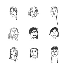 Set of girls faces handdrawn sketch illustration.