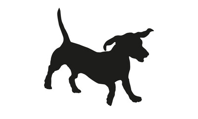 Running sausage dog puppy. Black dog silhouette. Dachshund or wiener dog. Isolated on a white background.