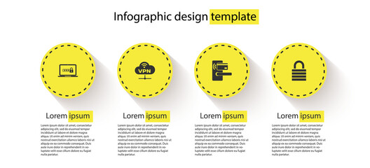 Set Laptop with password, VPN Network cloud connection, Digital door lock wireless and Lock. Business infographic template. Vector.