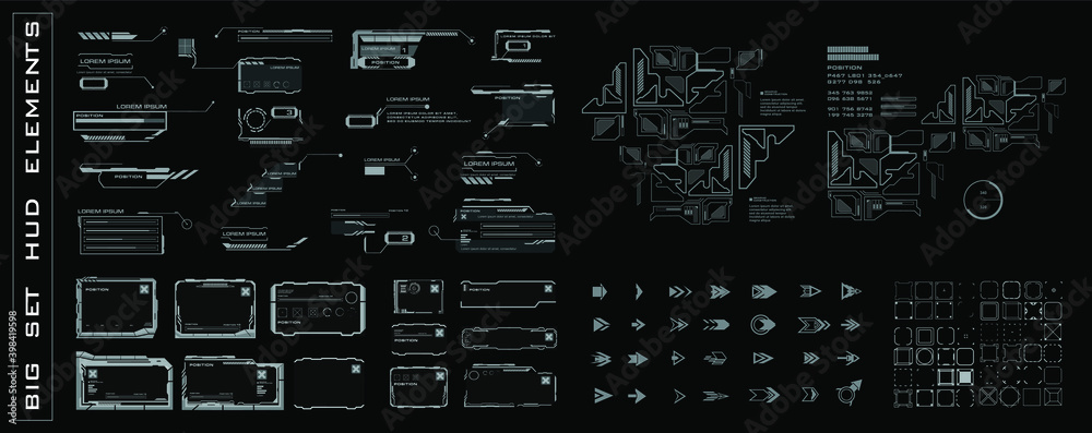 Poster big set hud elements for the user interface. frames, callouts, arrows, pointers, scales, bars, navig