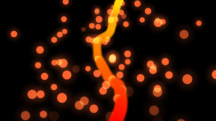 Abstract particles of red color, elongated winding tail of a red comet on a black background of...