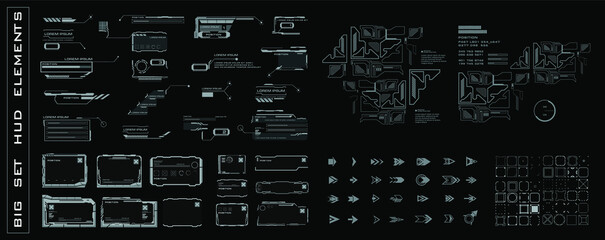 Big set HUD elements for the user interface. Frames, callouts, arrows, pointers, scales, bars, navigation targets, complex combined elements for HUD interface. Vector