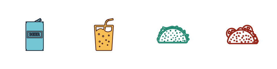 Set Beer can, Glass with water, Taco tortilla and icon. Vector.