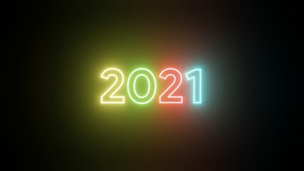 Colorful neon 2021 Happy New Year Neon banner . Realistic bright neon billboard on black background . Concept of holiday card with glowing text. 2021 Neon Text . 3d illustration rendering