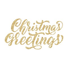 Christmas greetings brush hand lettering, with golden glitter texture effect on white background. Vector type illustration. Can be used for holidays festive design.	