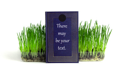 Blue book with space for text stands next to grass on white isolated background with clipping path.