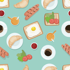 Vector food seamless pattern. Fresh products and drinks for breakfast. Fried eggs, toasts, croissants, coffee and orange juice. flat design.