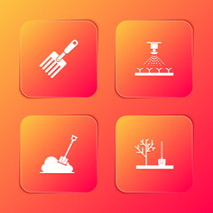 Set Garden fork, Automatic irrigation sprinklers, Shovel the ground and Planting tree icon. Vector.