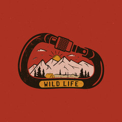 Wild life Logo Design print. Mountain adventure scene badge inside the carabiner. Wilderness patch. Camp design for t-shirt, other prints. Outdoor insignia label. Stock