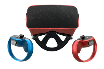 Used virtual reality glasses and controllers with scratches for online gaming