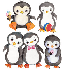 Cute cartoon little penguins set , watercolor hand drawn art, illustration, icon. Isolated on white background.