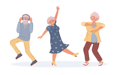 Obraz premium Old dancing people. An elderly man and woman senior age person dance. Happy active elderly couple on music party together and singly. Dancers grandmother and grandfather cartoon vector