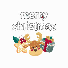 Merry Christmas composition, Cute New Year objects, set for your design. Doodle for textiles, t-shirts or postcards. Lettering handwriting. Holiday concept. Xmas card illustration.