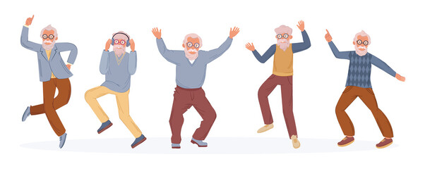 Old dancing people. An elderly man senior age person dance. Happy active elderly couple on music party together and singly. Dancers grandfather cartoon vector