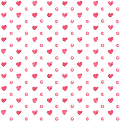 Watercolor seamless pattern with pink pearls or polka dots and hearts on white background. Great for fabrics, wrapping papers, wallpapers, covers. Hand painted illustration for Valentine's day.