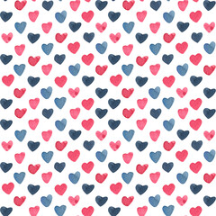 Watercolor seamless pattern with pink and indigo hearts on white background. Great for fabrics, wrapping papers, wallpapers, covers. Hand painted illustration for Valentine's day.