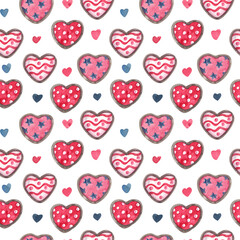 Watercolor seamless pattern with heart shaped cookies or biscuits with patterns for Valentine's day, wedding on white. Great for fabrics, wrapping papers, wallpapers, covers. Pink, red, indigo colors.