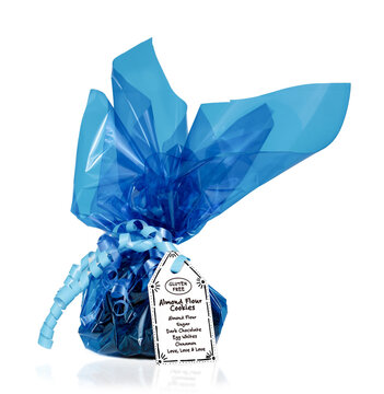 Present For Celiac Friend. Blue Wrapped Cookie Gift Package With Large Handwritten Label Of Almond Flour Cookie With Ingredient List. Concept For Gluten Free Christmas Presents Or GF Baking.