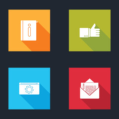 Set User manual, Hand thumb up, Setting and Envelope icon. Vector.