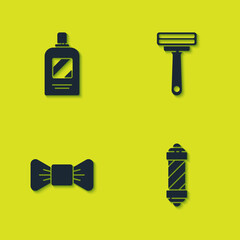 Set Bottle of shampoo, Classic Barber shop pole, Bow tie and Shaving razor icon. Vector.