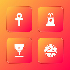 Set Cross ankh, Stage stand or tribune, Christian chalice and Pentagram in circle icon. Vector.