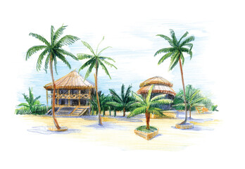 Fototapeta na wymiar Bungalow by the sea under palm trees. Illustration with colored pencils