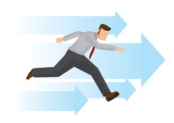 Business man running forward with flying blue arrows. Concept of corporate growth, challenge or progress in his work life. Isolated vector concept illustration.