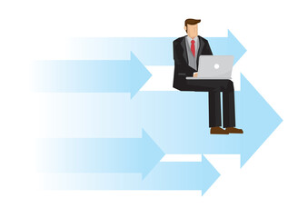 Business man in a suit working on a laptop computer on top of the blue arrow. Concept metaphor of an entrepreneur working. Vector illustration.