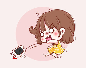 Angry girl throwing the phone and vector character design.