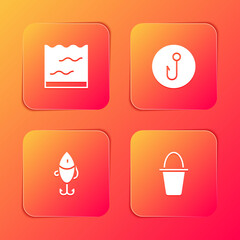 Set Aquarium, Fishing hook, lure and bucket icon. Vector.