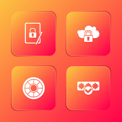 Set Tablet with closed padlock, Cloud computing, Safe and Password protection icon. Vector.