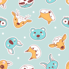 Simple animal portraits seamless pattern - bear, squirrel, hare, fox, owl, deer, sloth, koala, pig, sheep. Simple drawings of animals for the design of children's fabric. Flat Vector illustration
