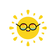 Cute cartoon style sun character in rainbow sunglasses vector icon, illustration.