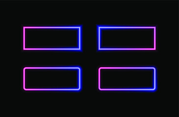 Vector Neon Frames Set Isolated on Black Background, Gradient Bright Ultraviolet Light, Rectangular Shapes, Sharp and Round Corners.
