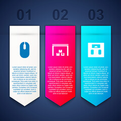 Set Computer mouse, Warehouse and Bathroom scales. Business infographic template. Vector.