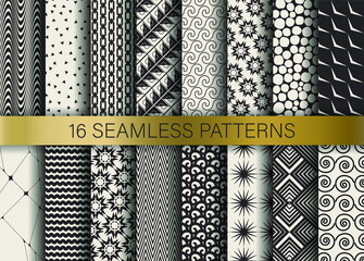 Set of seamless vector geometric patterns. Collection black and white abstract geometrical backgrounds for design, fabric, textile, wrapping etc.