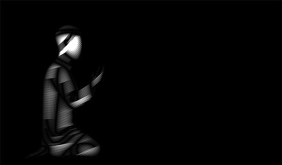 Muslim man praying ( Namaz, Islamic Prayer ) - Hand Drawn Sketch, Vector Background.