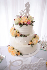 beautiful three-tiered white wedding cake close up