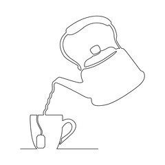 Kettle and cup with tea, continuous line. Vector illustration, isolated on white background.