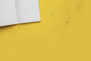 Color of the year 2021. Illuminating and Ultimate Gray. Yellow and Gray background, web banner with notebook