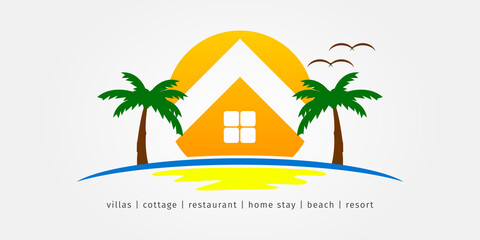 sunrise or sunset with negative space of house between palm trees illustration logo for villas, hotel, cottage, restaurant, home stay, beach, resort