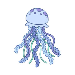 Jellyfish cartoon vector art illustration.  Underwater marine animal design. Flat pastel blue and mint green monochrome design on white background.