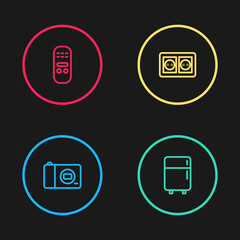 Set line Photo camera, Refrigerator, Electrical outlet and Remote control icon. Vector.