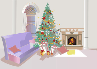 Christmas tree with holiday gifts in the room interior with a fireplace. Hand drawn vector background illustration.