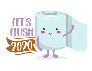 Let's flush 2020 - Funny toilet paper in kawaii style. Coronavirus covid-19 funny character Xmas greeting cards, invitations. For ugly Christmas sweaters, t-shirt, mug, gift, holiday. 2021 new year.