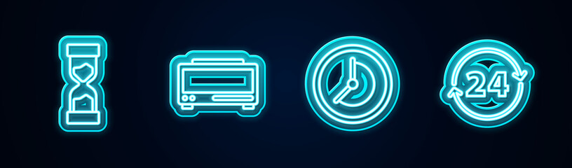 Set line Old hourglass, Digital alarm clock, Clock and 24 hours. Glowing neon icon. Vector.