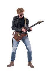 Naklejka premium Talented young stylish redhead rocker practicing rehearsal on electric guitar. Full body length isolated on white background. 