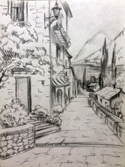 Obraz premium Drawing of architectural structures of the old city executed from life . Historical building on the embankment of the seaside . Cityscape sketch handmade