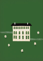 Old house in the middle of the garden. Illustration on tinted craft green paper.